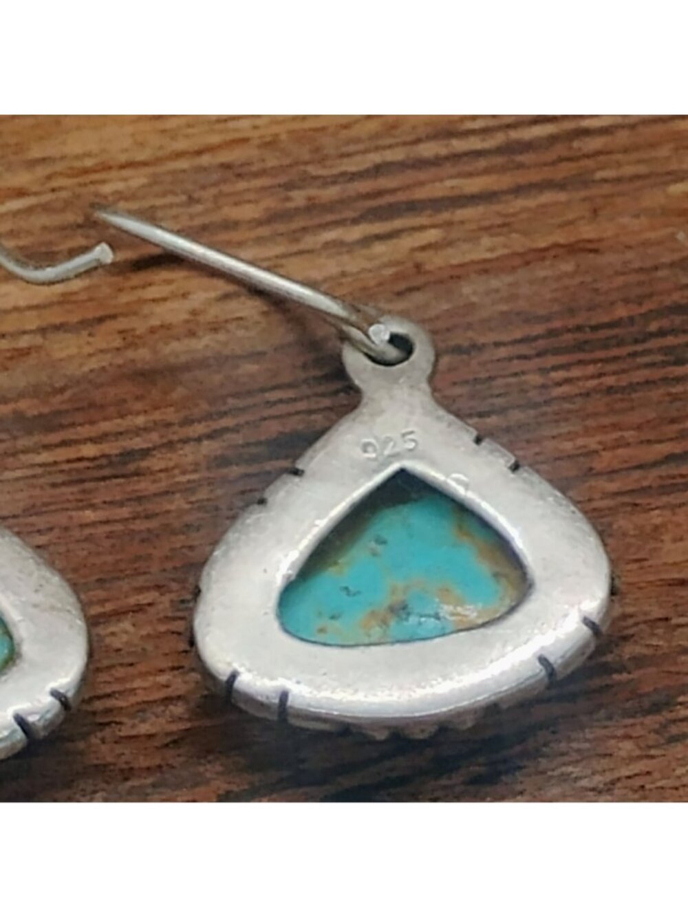 Artisan Handmade Sterling Silver Turquoise Dangle Earrings Triangle Teardrop - Picture 4 of 5